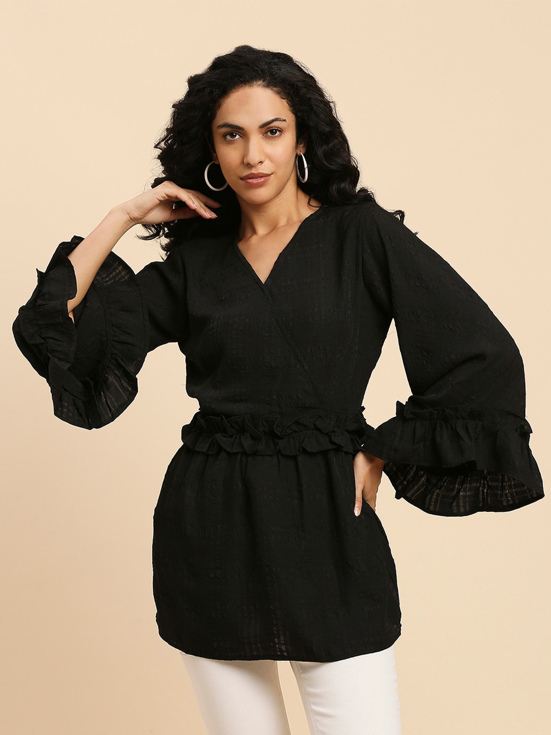 

GUFRINA V-Neck Bell Sleeves Wrap Top, Black