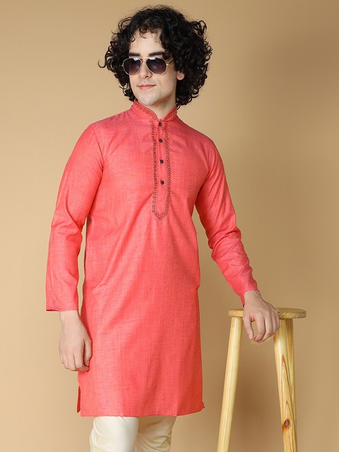 

Sultan The King Of Kurta Mandarin Collar Thread Work Cotton Straight Kurta, Peach