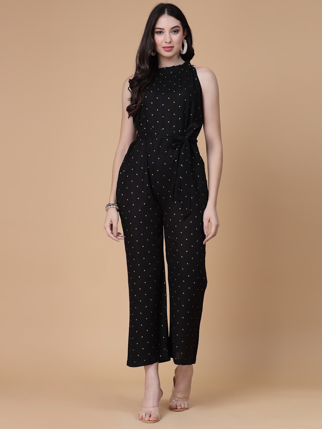 

God Bless Polka Dots Printed Basic Jumpsuit, Black