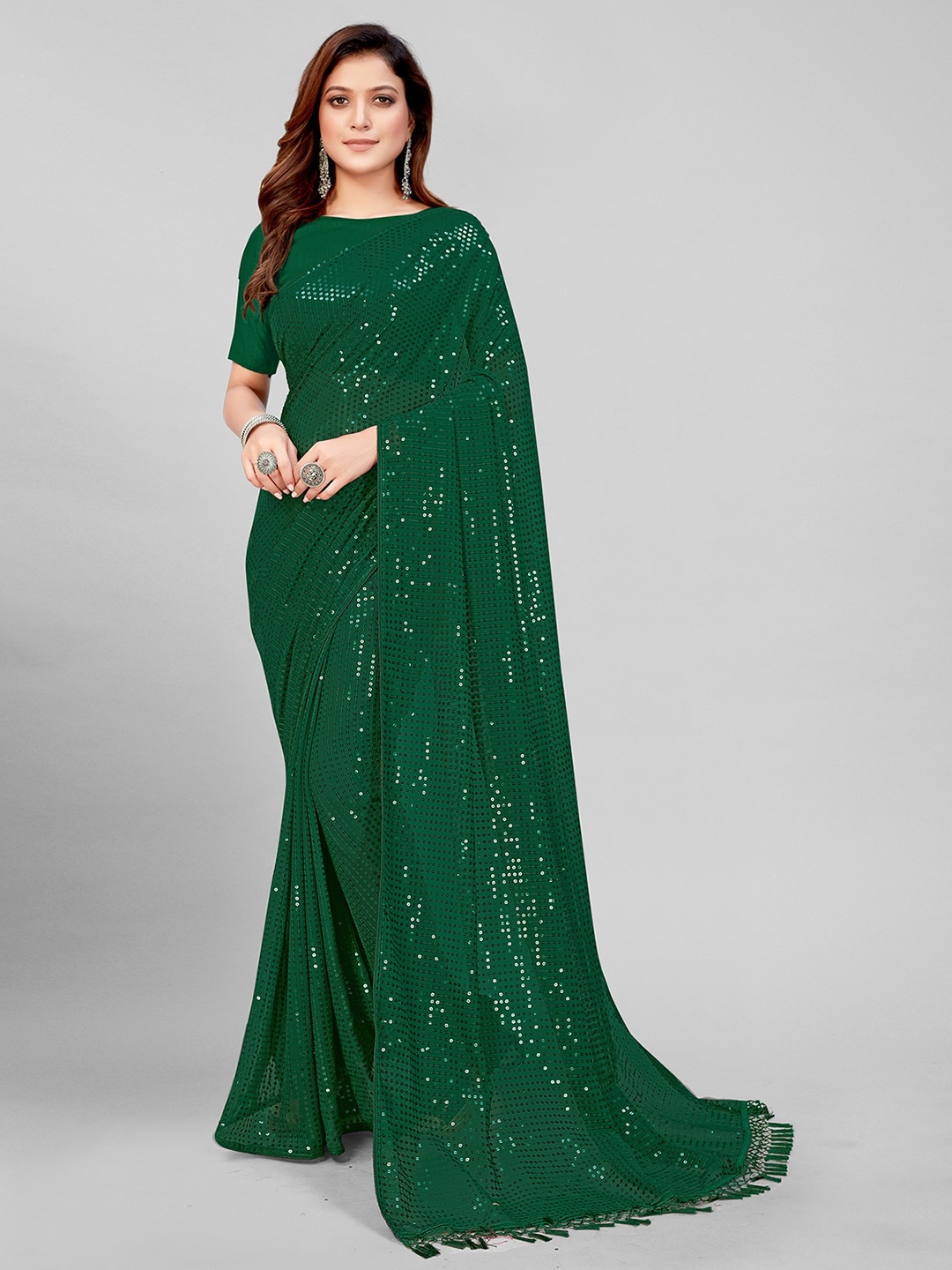 

KALINI Embellished Sequinned Pure Georgette Saree, Green