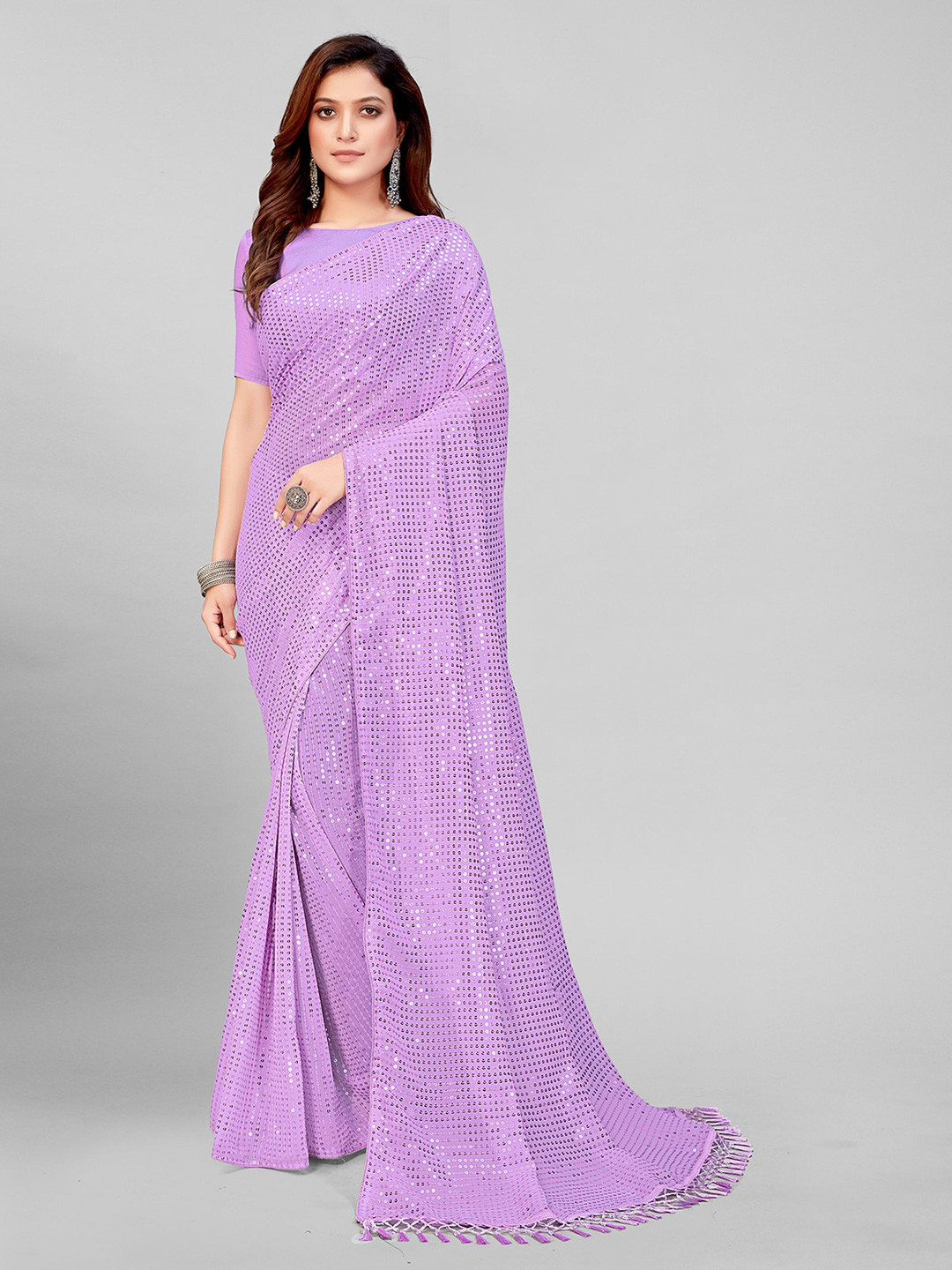 

KALINI Embellished Sequinned Pure Georgette Saree, Purple