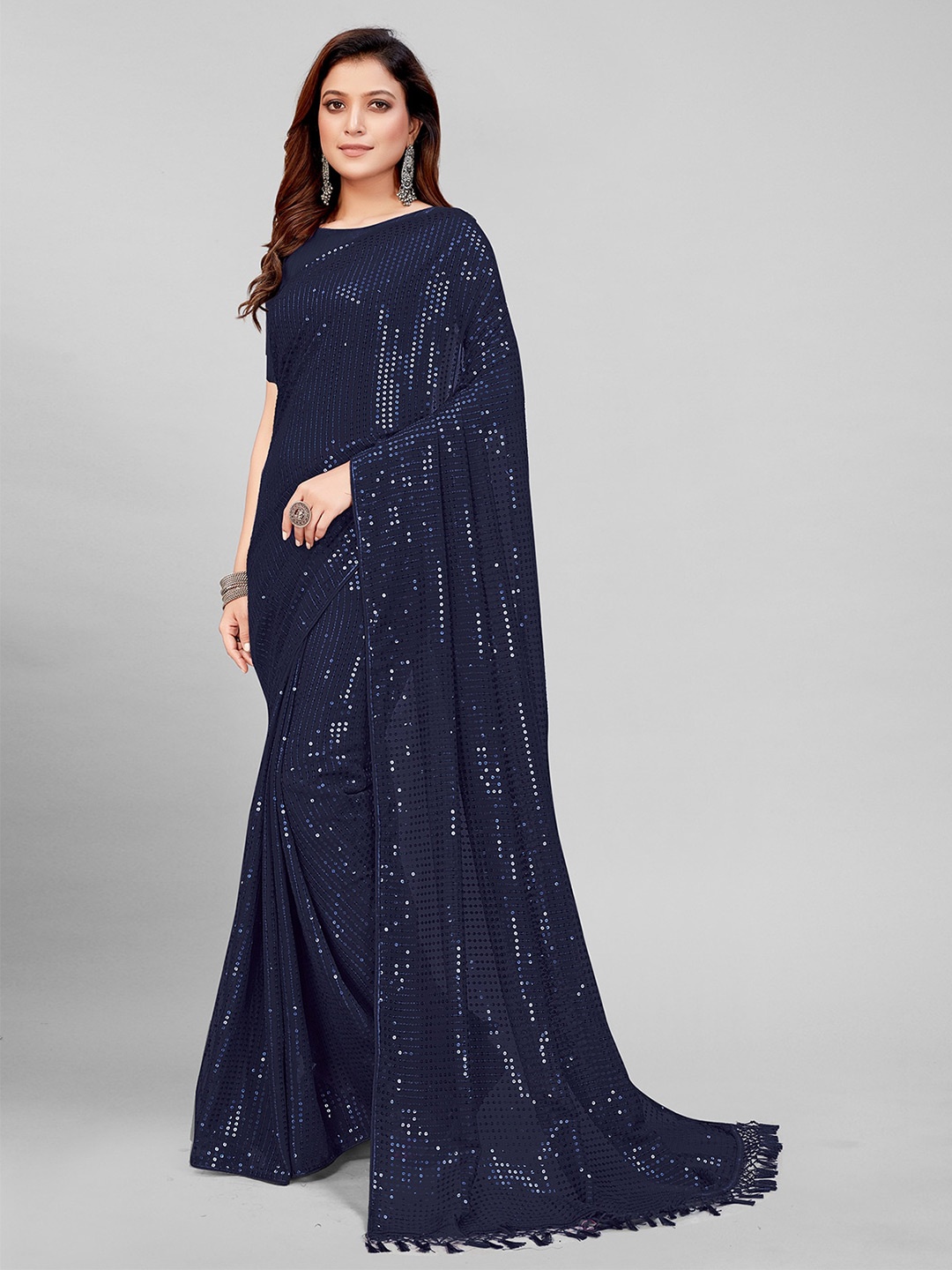 

KALINI Embellished Sequinned Pure Georgette Saree, Blue
