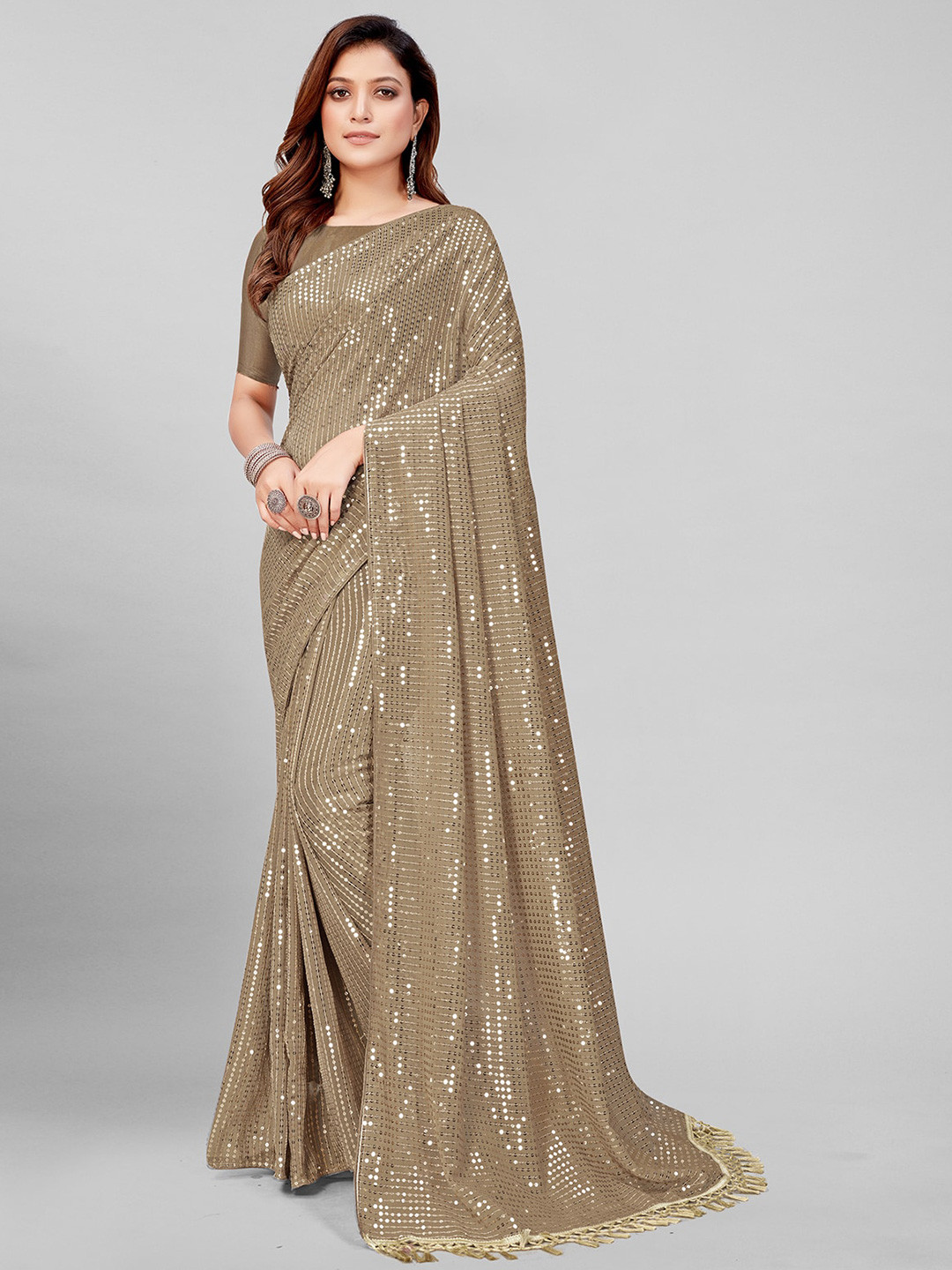 

KALINI Embellished Sequinned Pure Georgette Saree, Beige