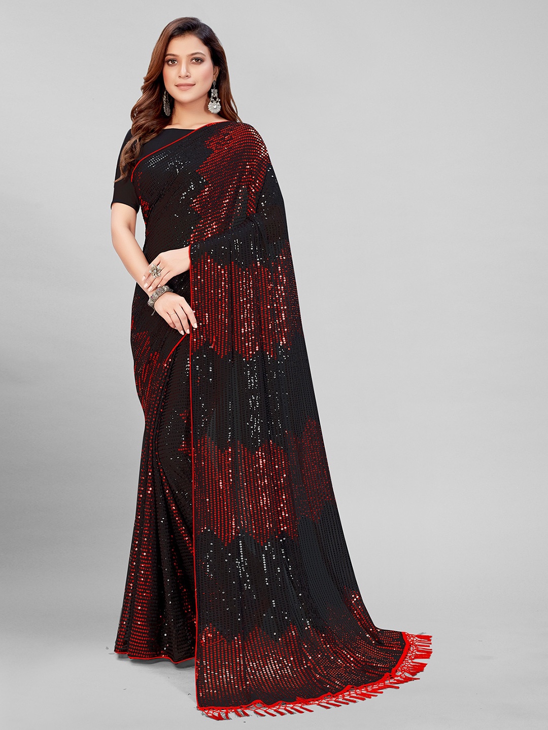 

KALINI Embellished Sequinned Pure Georgette Saree, Black