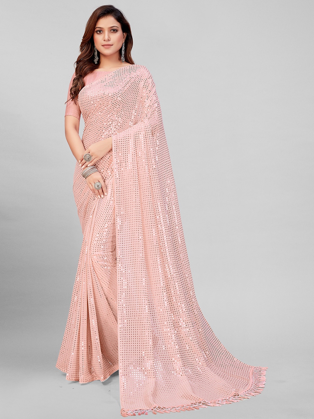 

KALINI Embellished Sequinned Pure Georgette Saree, Peach