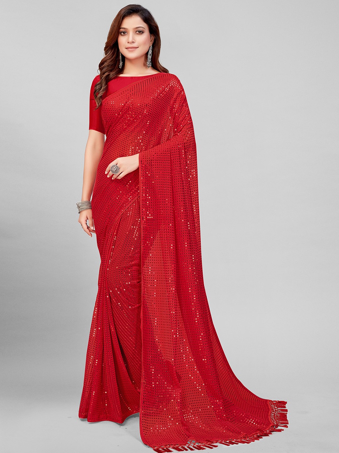 

KALINI Embellished Sequinned Pure Georgette Saree, Red