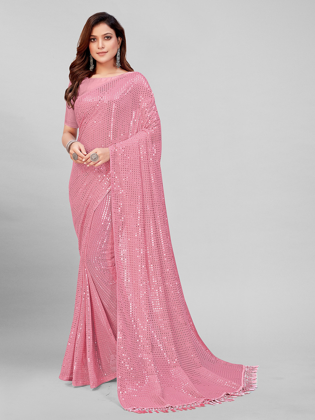 

KALINI Embellished Sequinned Pure Georgette Saree, Pink
