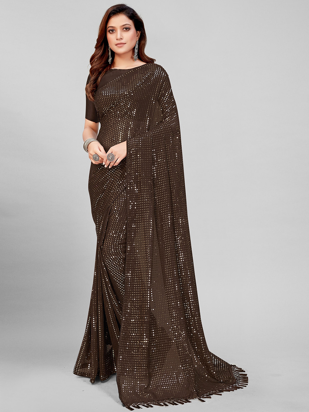

KALINI Embellished Sequinned Pure Georgette Saree, Brown