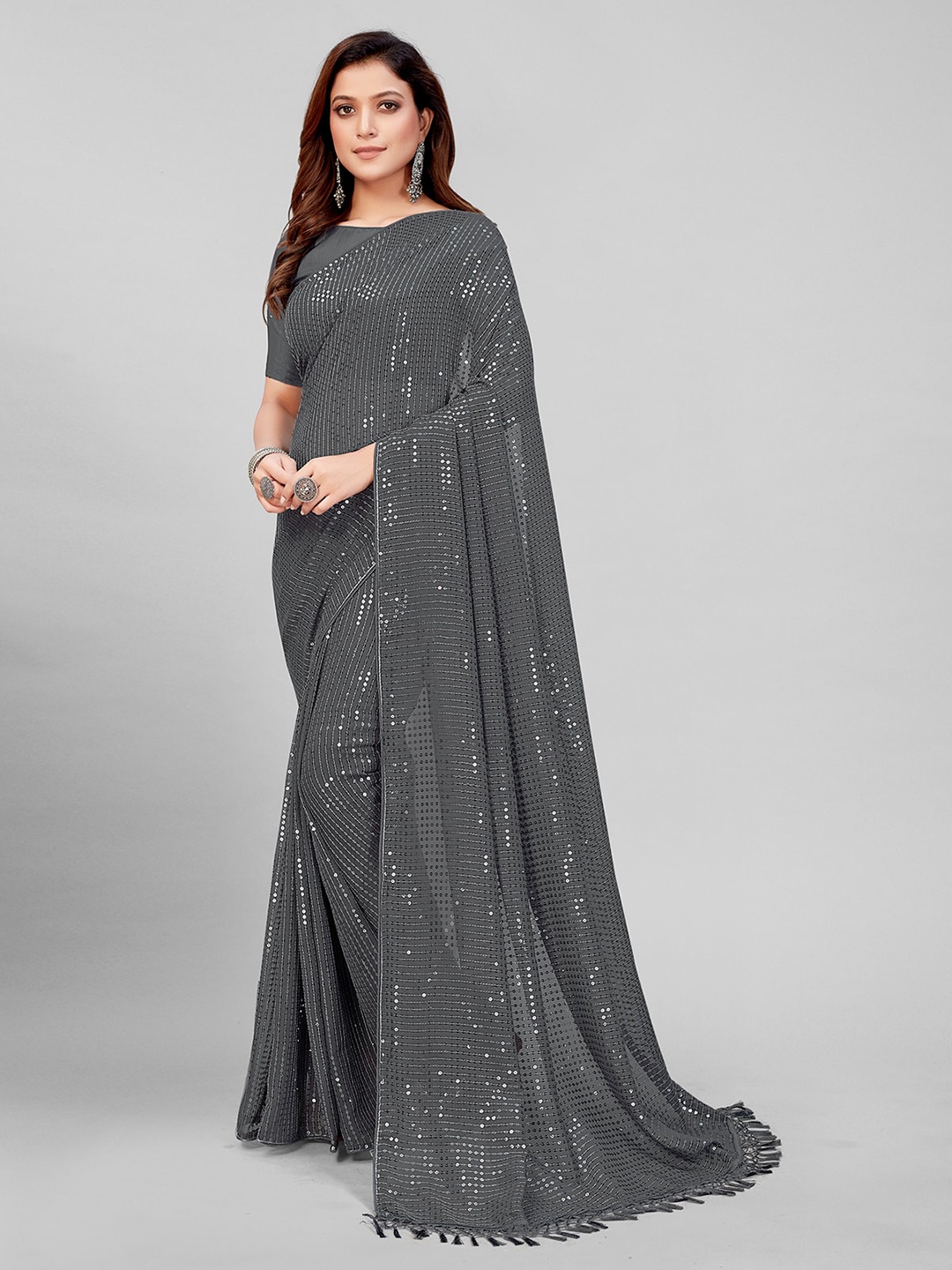 

KALINI Embellished Sequinned Pure Georgette Saree, Grey