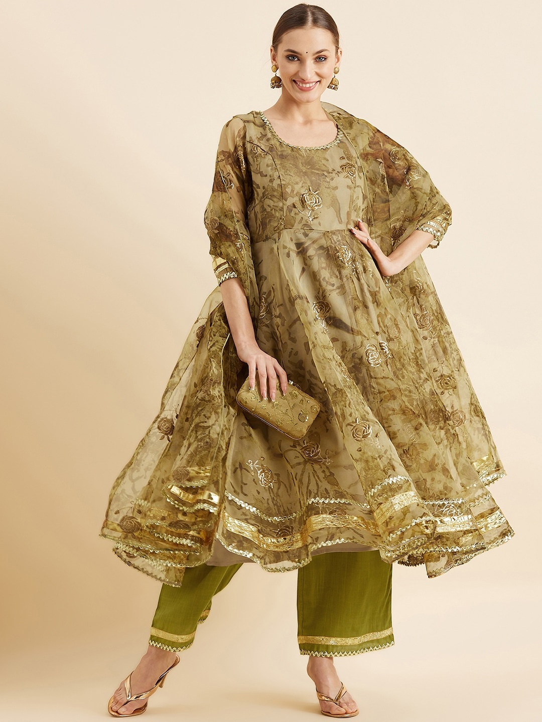 

PANIT Embroidered Empire Gotta Patti Anarkali Kurta with Trousers & Dupatta, Green