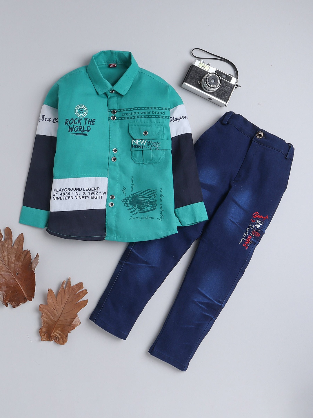 

FOURFOLDS Boys Printed Shirt With Trousers, Sea green