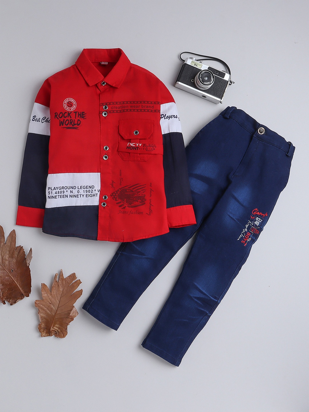 

FOURFOLDS Boys Printed Shirt With Trousers, Red