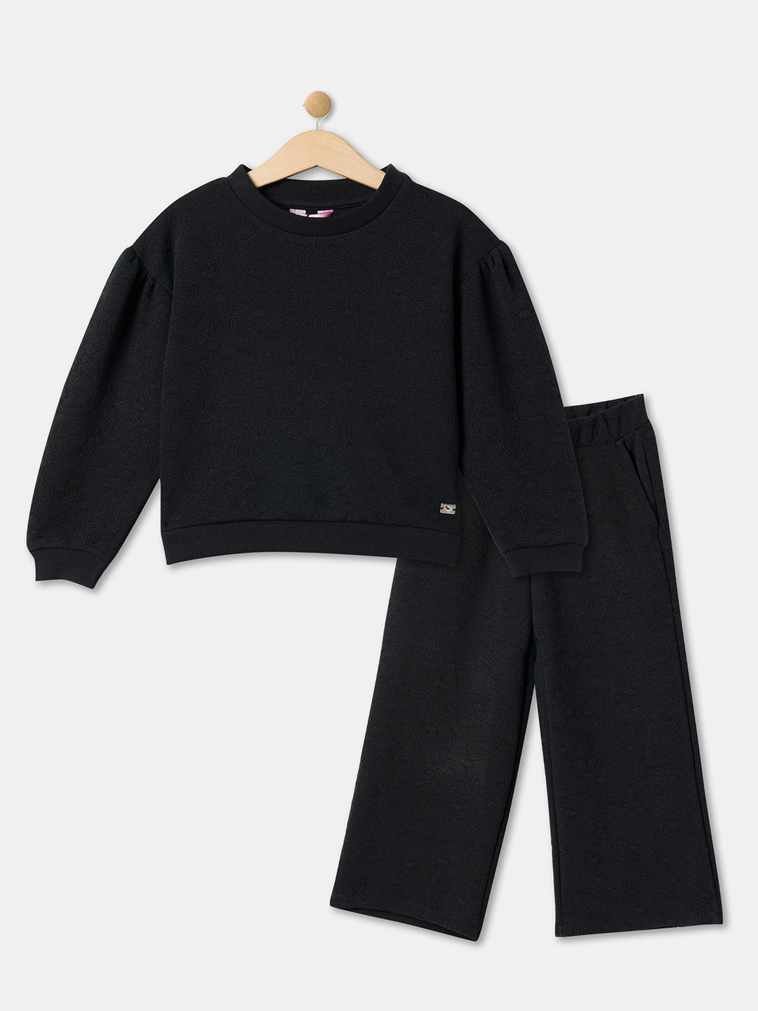 

R&B Girls Self Design Pure Cotton T-shirt With Trousers, Black