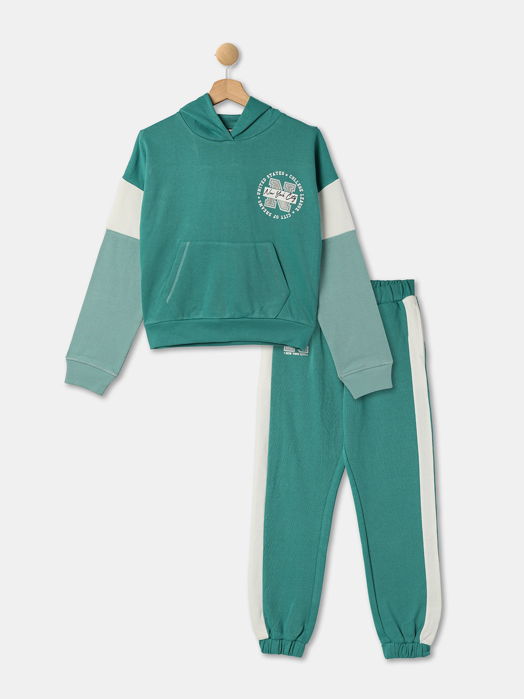 

R&B Girls Colourblocked Pure Cotton Hooded Sweatshirt With Trousers, Teal