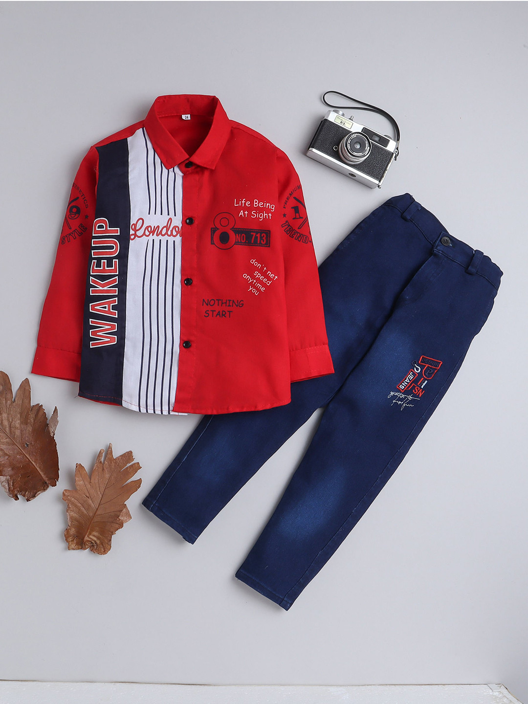 

FOURFOLDS Boys Printed Shirt With Trousers, Red
