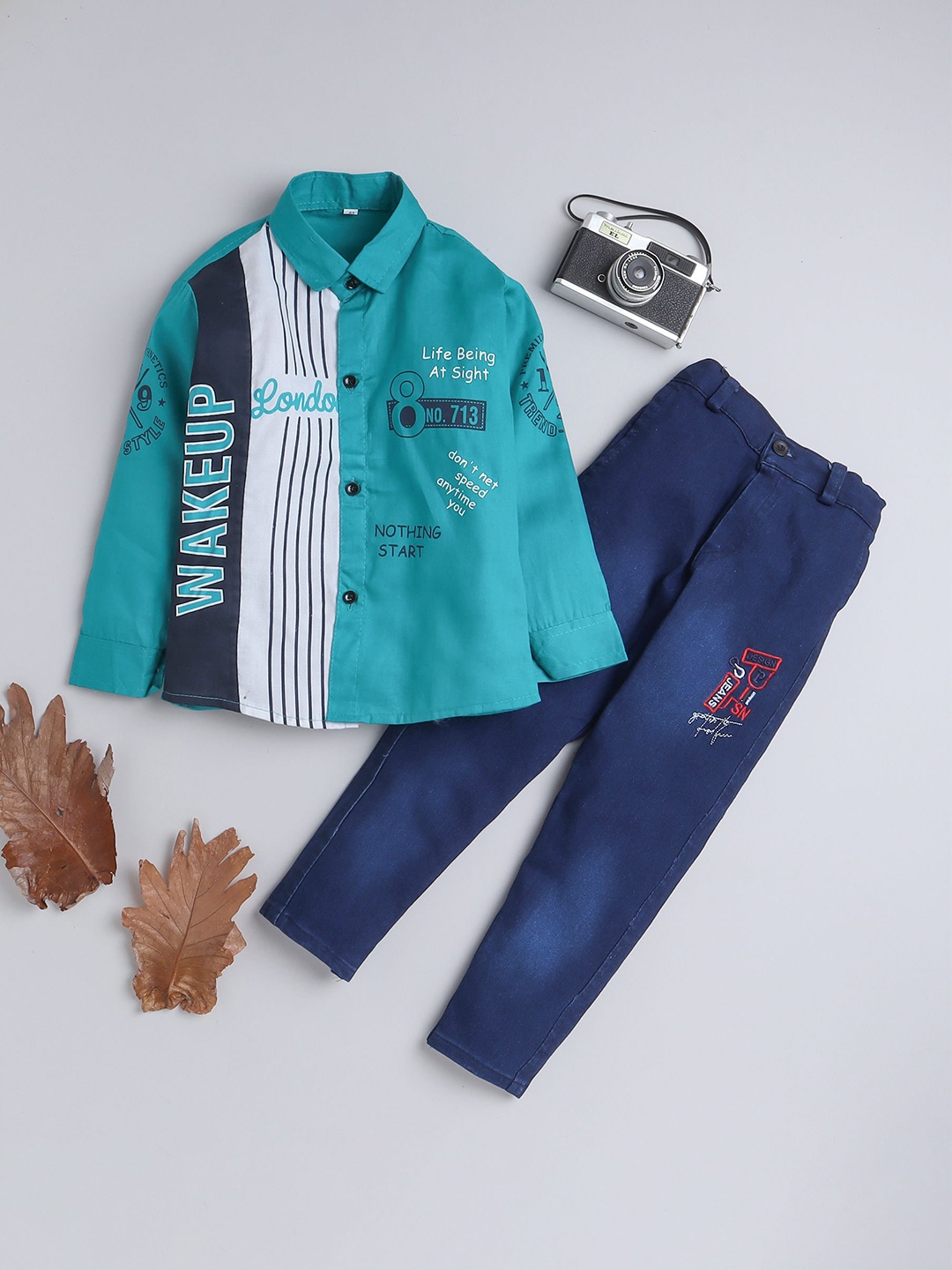 

FOURFOLDS Boys Printed Shirt With Trousers, Sea green