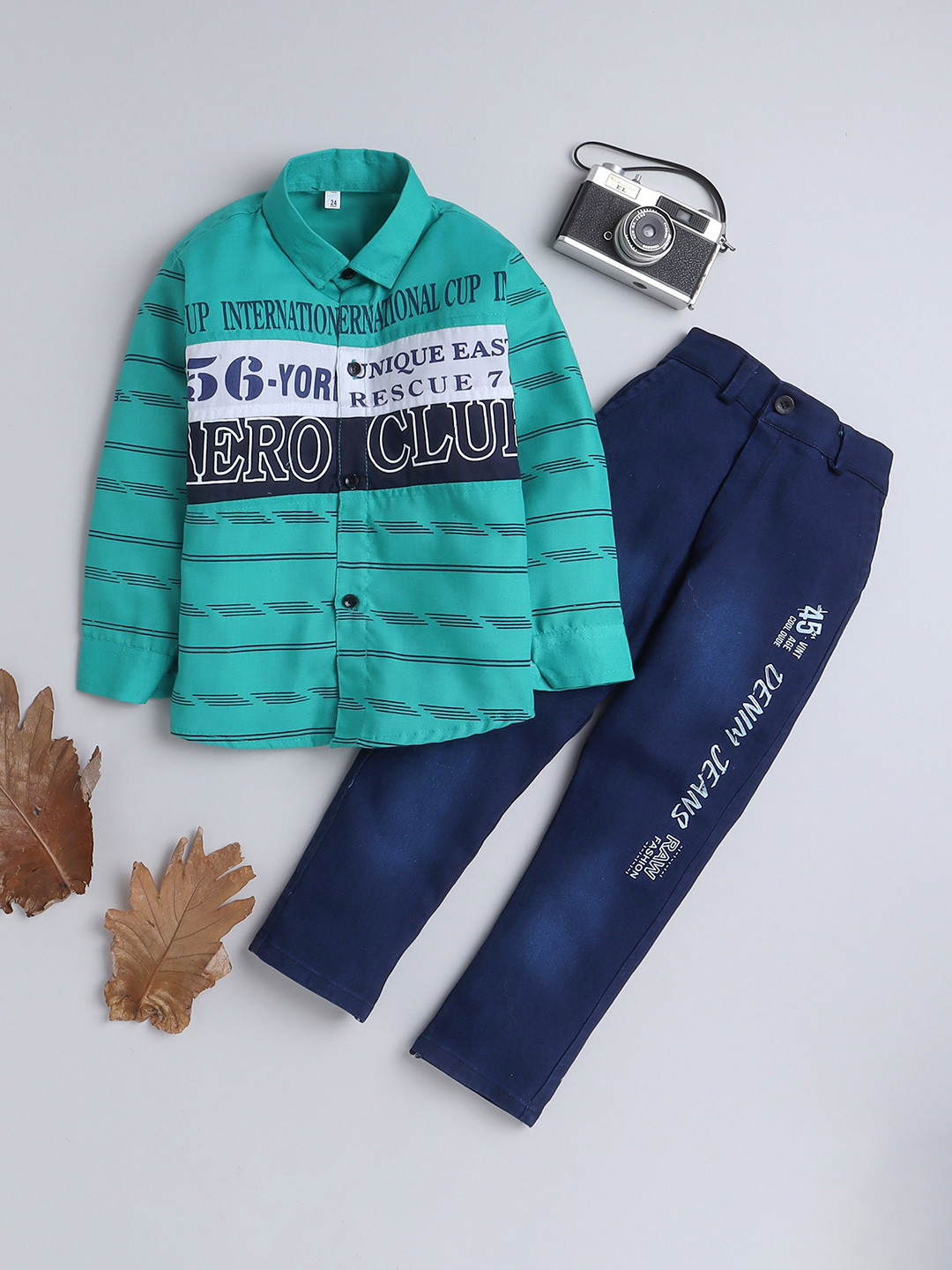 

FOURFOLDS Boys Printed Shirt With Trousers, Sea green