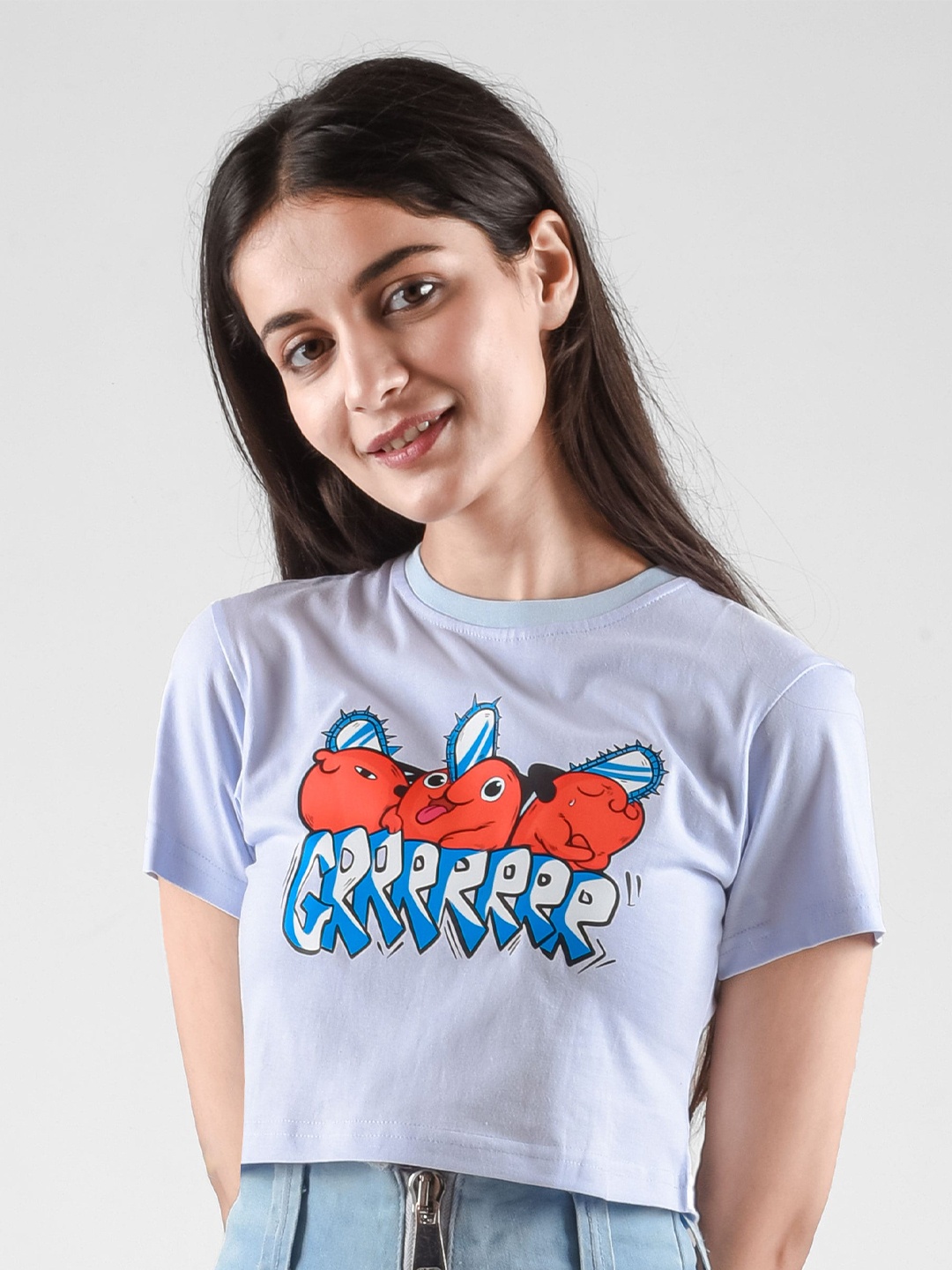 

COMICSENSE Chainsaw Man Printed Bio Finish Slim Fit Cotton Crop T-shirt, Blue