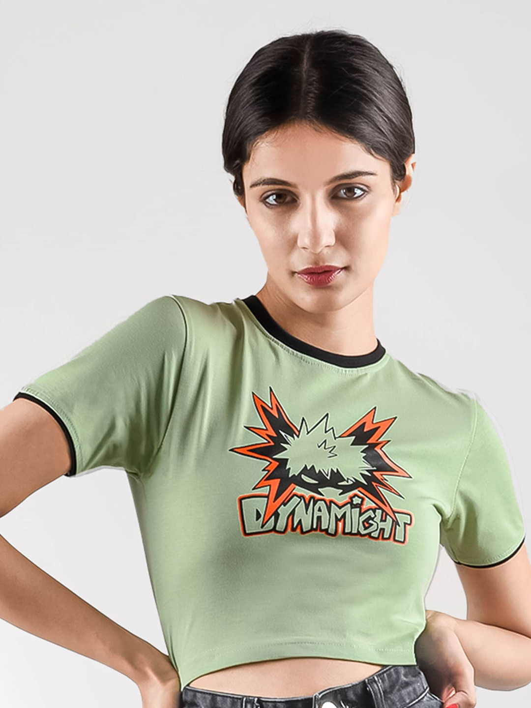 

COMICSENSE My Hero Academia Printed Slim Fit Cotton Bio Finish Crop T-shirt, Green