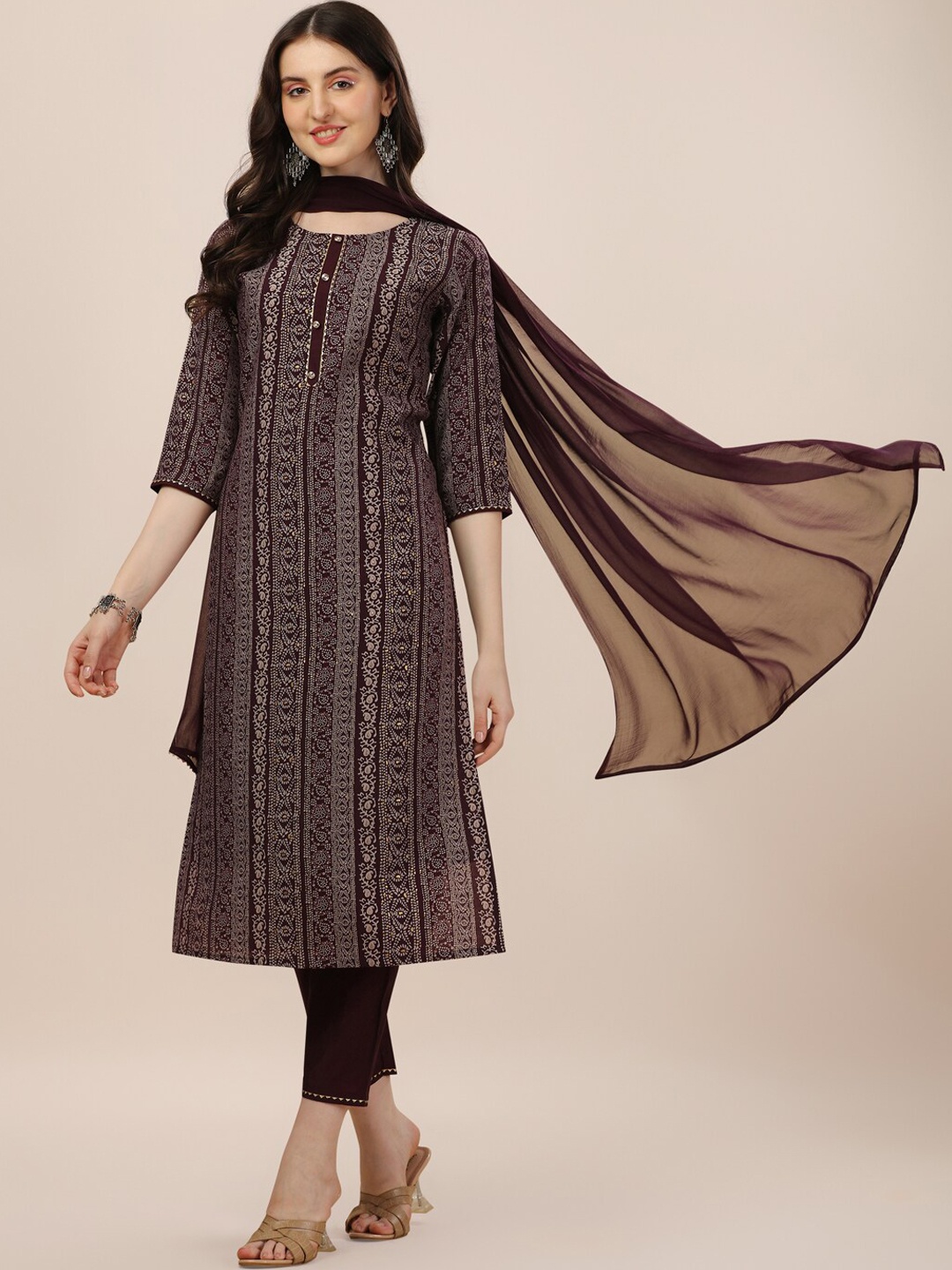 

KALINI Ethnic Motifs Printed Chanderi Cotton Kurta With Trousers & Dupatta, Brown