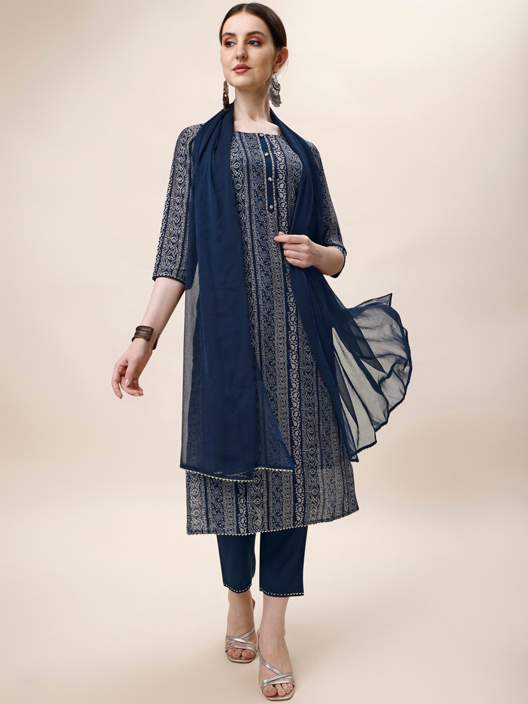 

KALINI Ethnic Motifs Printed Regular Chanderi Cotton Kurta with Trousers & With Dupatta, Blue