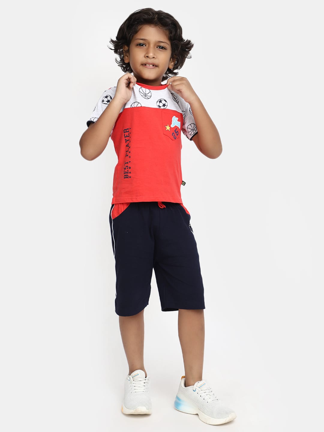 

V-Mart Kids Colourblocked Pure Cotton T-shirt with Shorts, Red