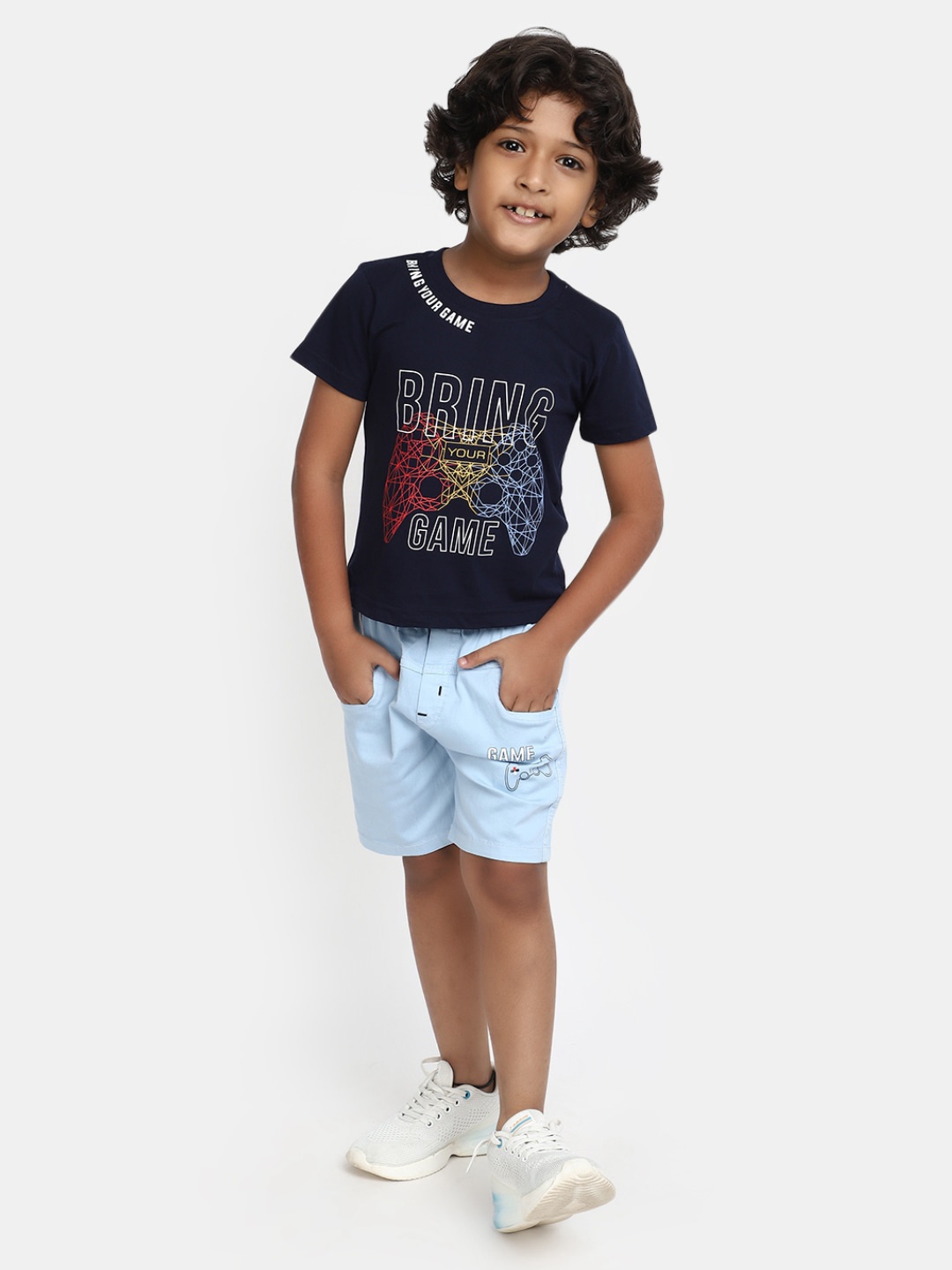 

V-Mart Kids Typography Printed Pure Cotton T-shirt With Shorts, Navy blue