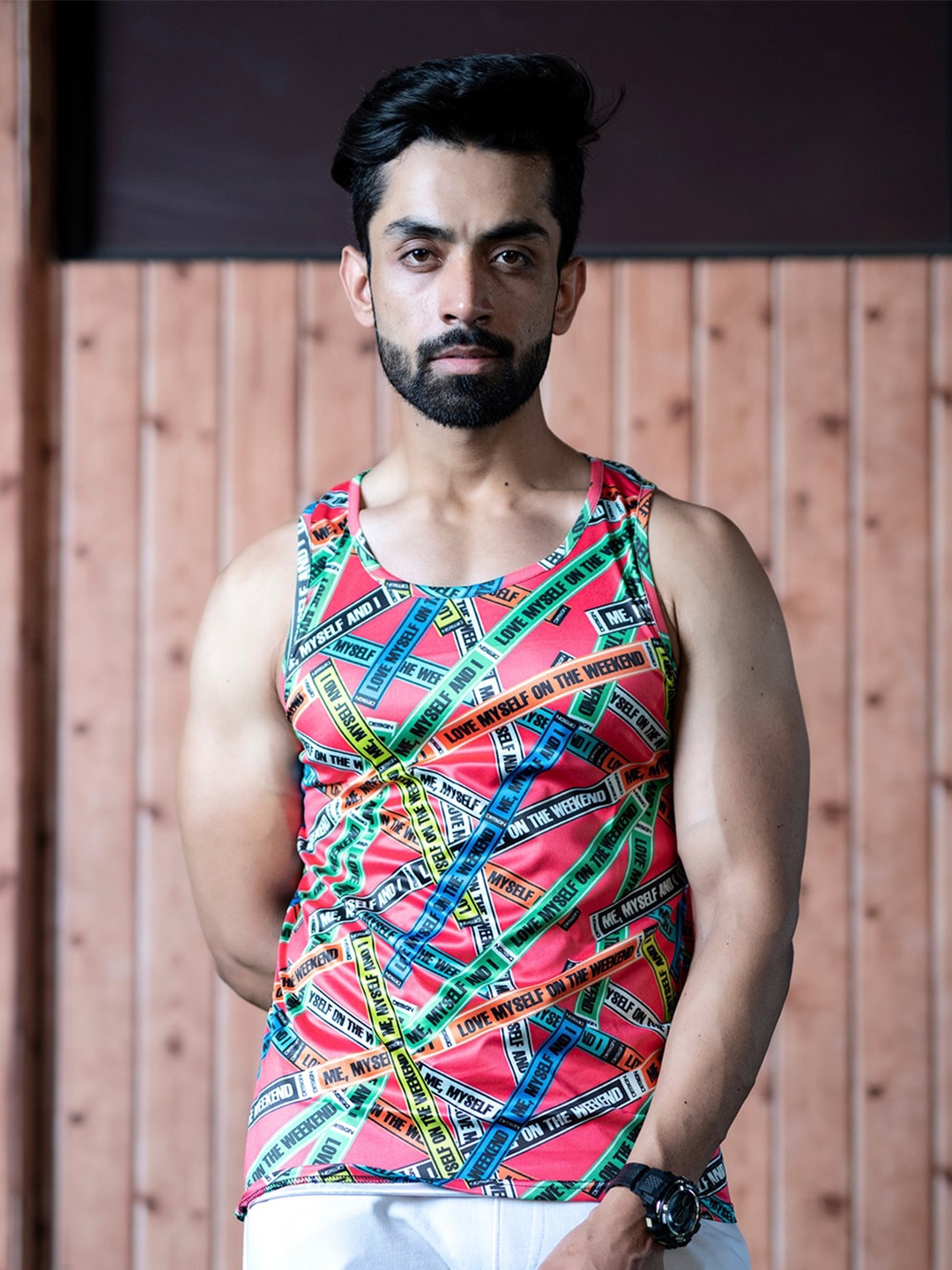 

Tistabene Typography Printed Scoop Neck Sports Vests, Pink