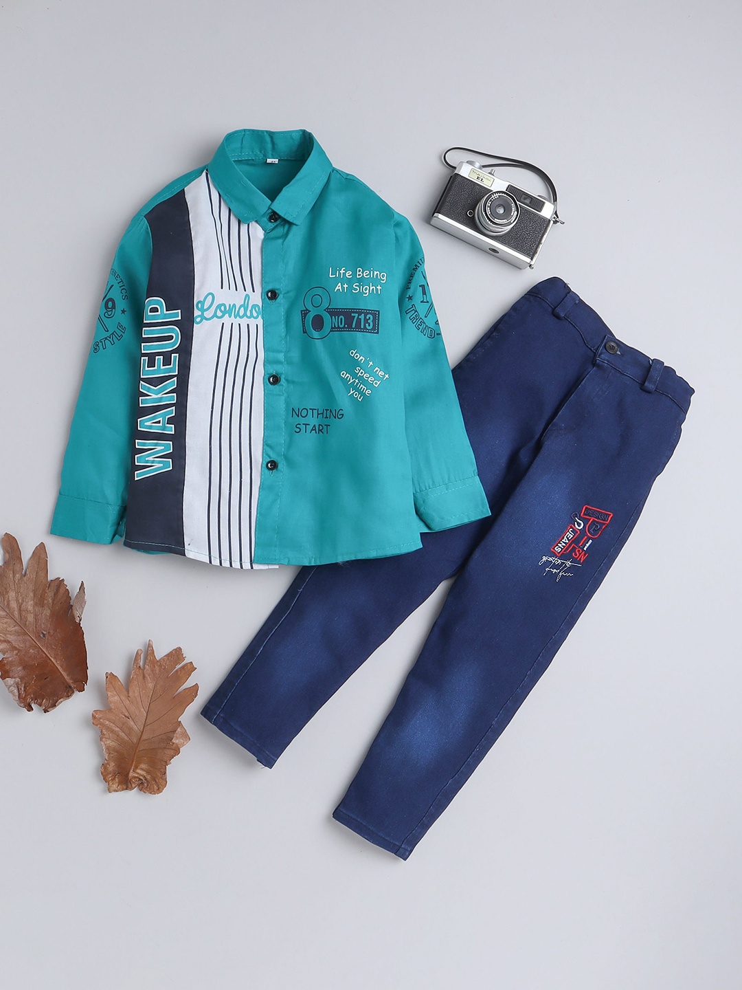 

BAESD Boys Printed Shirt with Trousers, Sea green