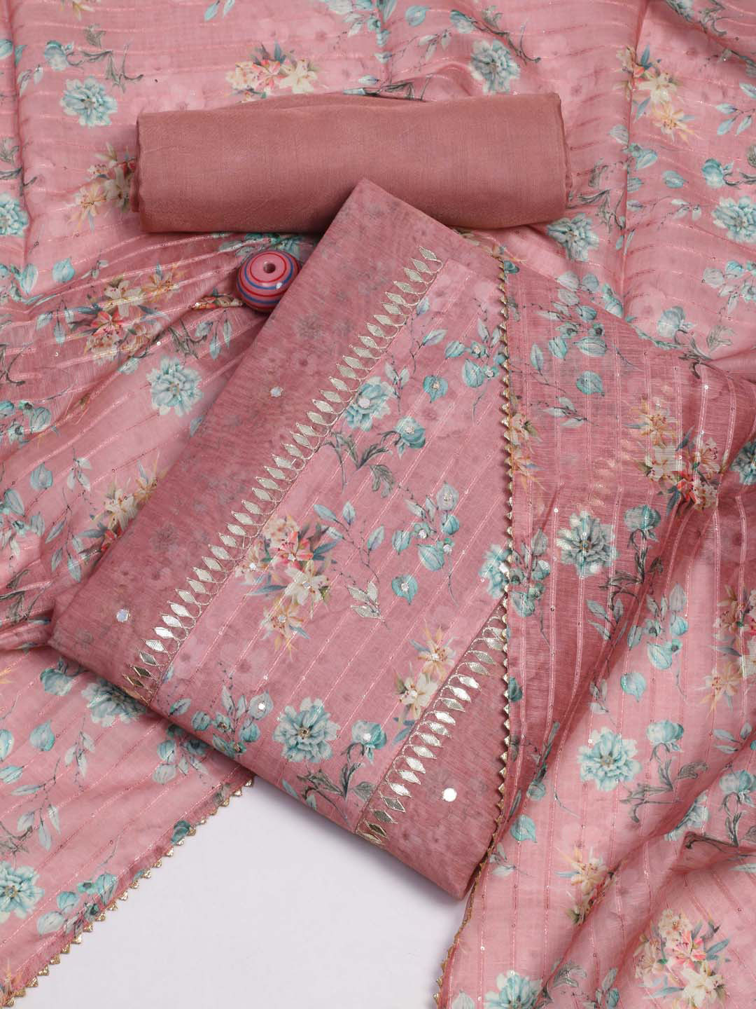 

Meena Bazaar Printed Art Silk Unstitched Dress Material, Coral
