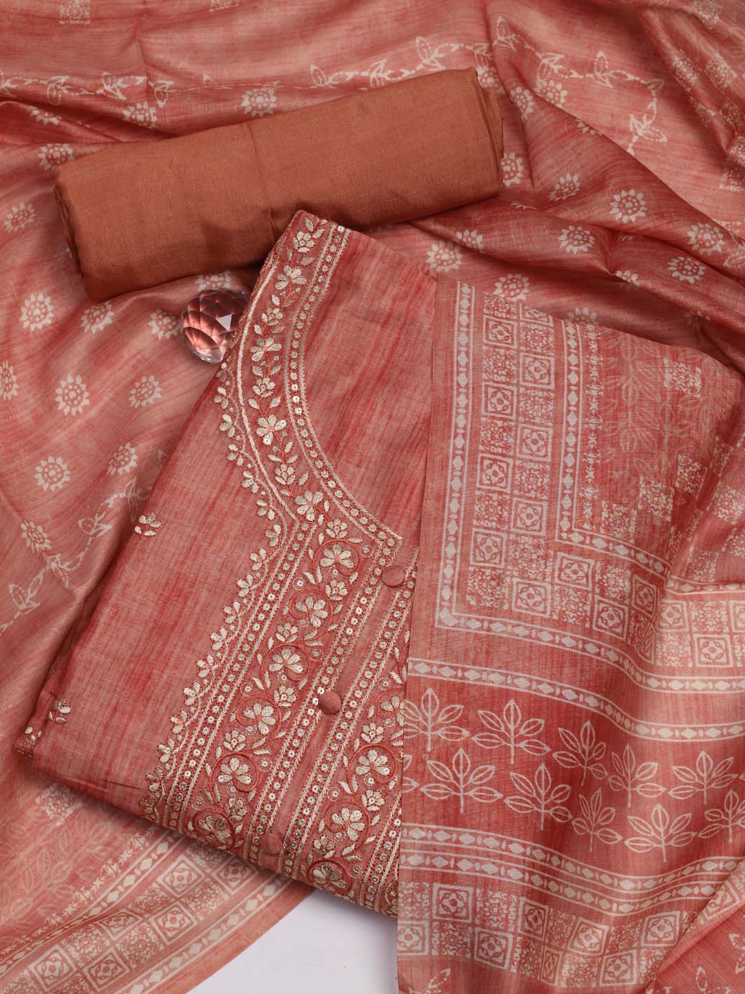 

Meena Bazaar Floral Embroidered Unstitched Dress Material, Rust