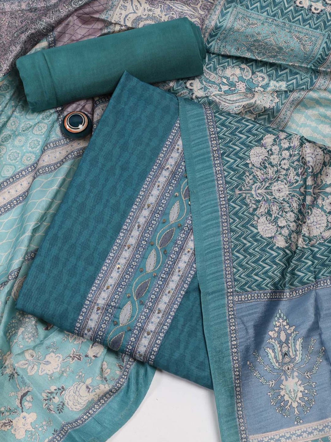 

Meena Bazaar Ethnic Motif Printed Unstitched Dress Material, Sea green