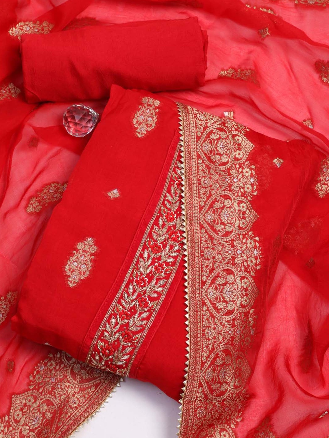 

Meena Bazaar Ethnic Motifs Woven Design Organza Unstitched Dress Material, Red