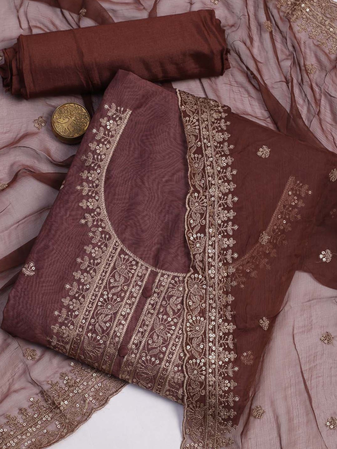 

Meena Bazaar Embroidered Art Silk Unstitched Dress Material, Brown