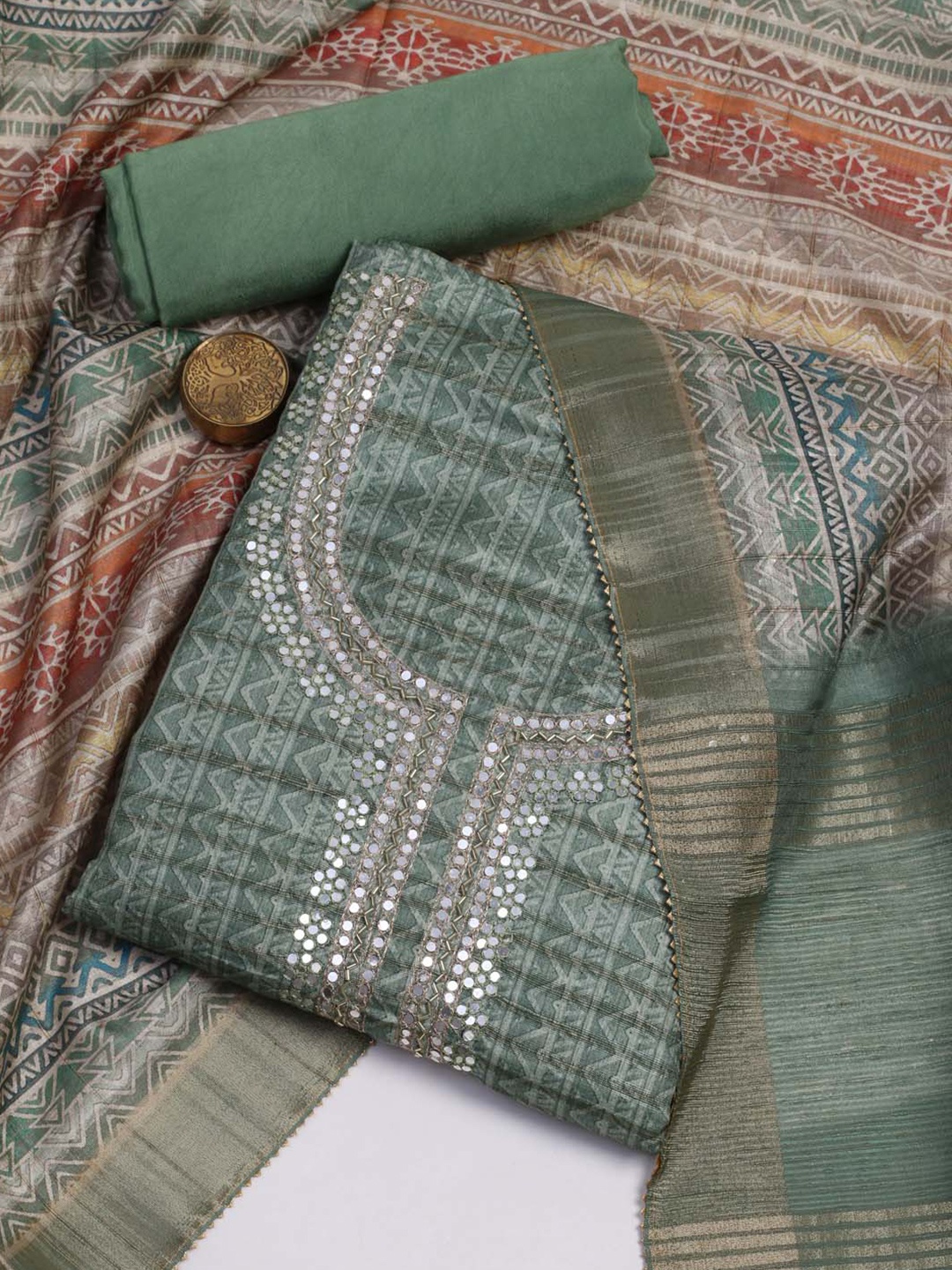 

Meena Bazaar Ethnic Motifs Printed Unstitched Dress Material, Green