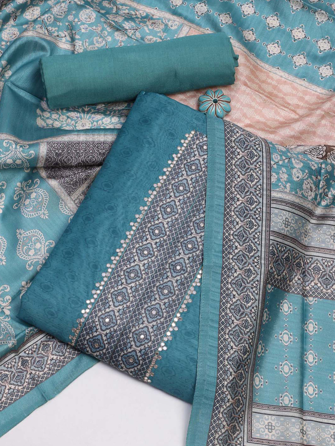 

Meena Bazaar Ethnic Motif Printed Unstitched Dress Material, Sea green
