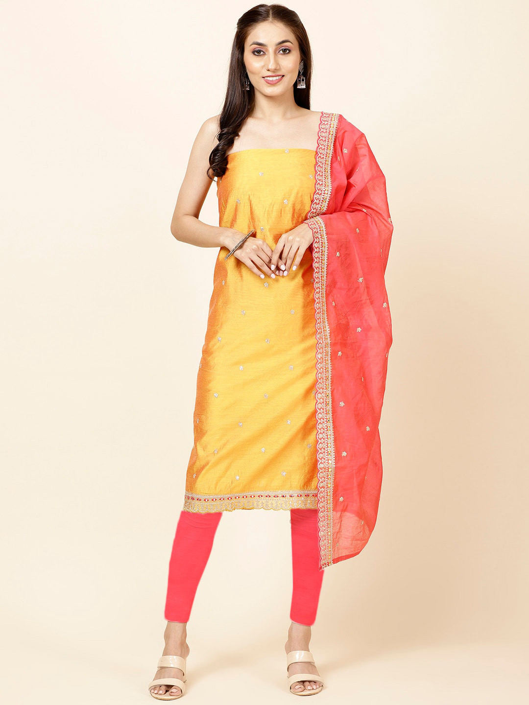 

Meena Bazaar Floral Embroidered Unstitched Dress Material, Mustard