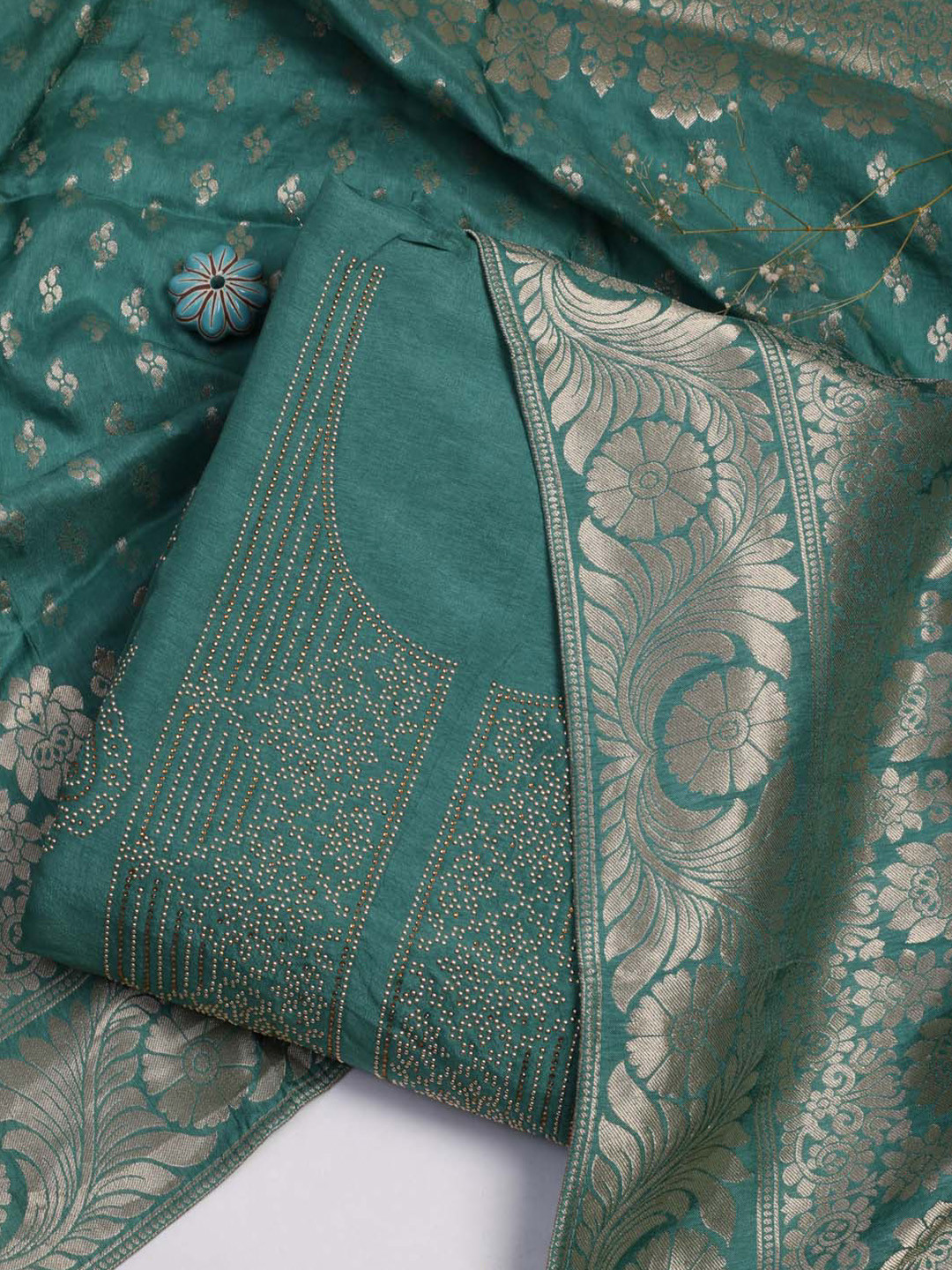 

Meena Bazaar Embellished Art Silk Unstitched Dress Material, Green
