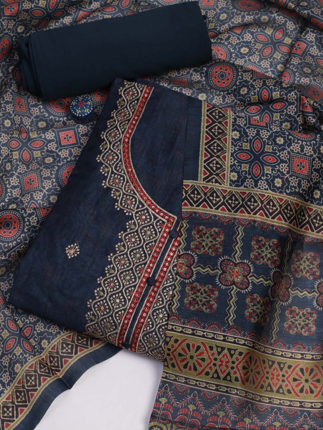 

Meena Bazaar Floral Embroidered Sequinned Unstitched Dress Material, Navy blue