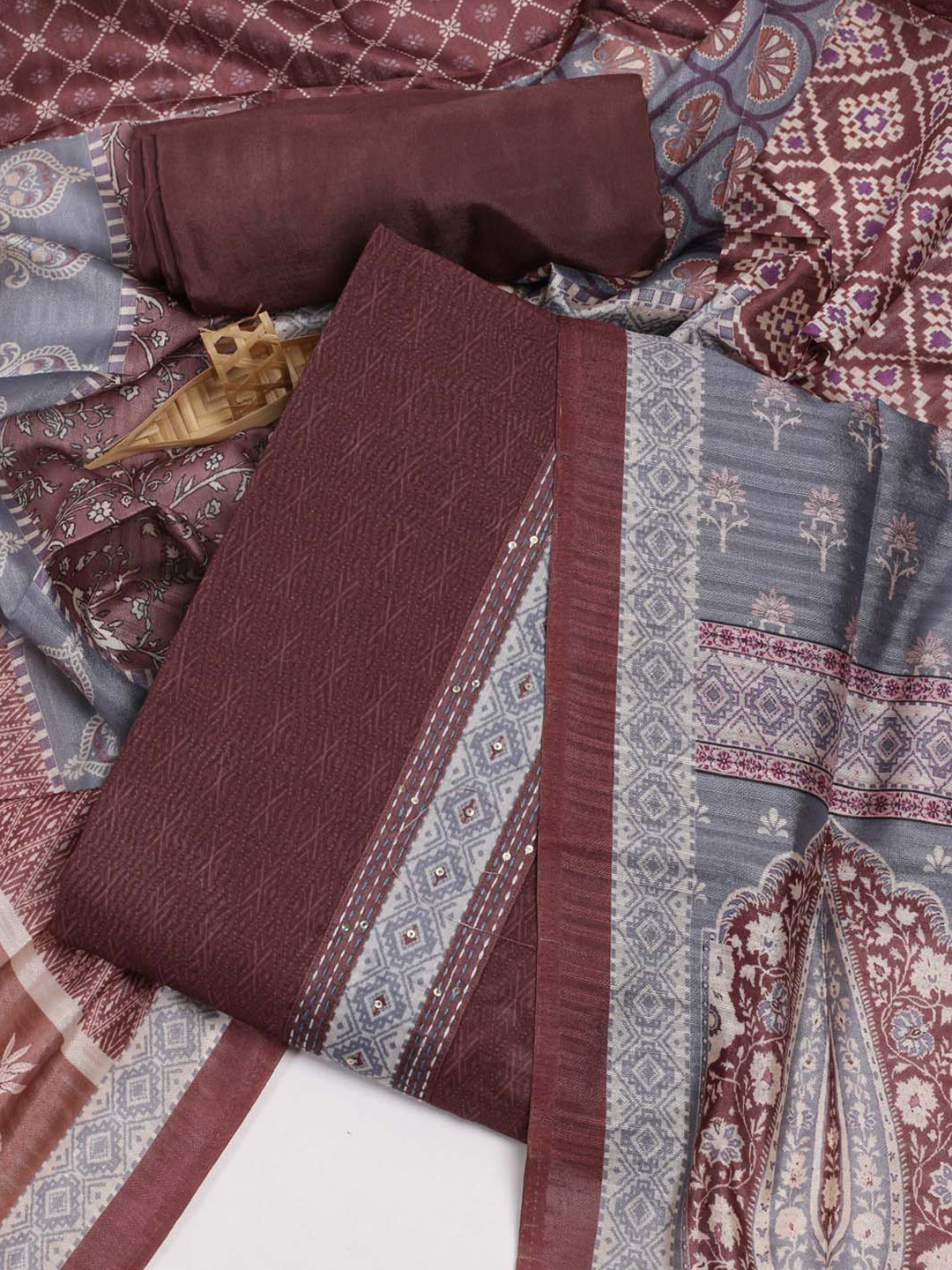 

Meena Bazaar Abstract Printed Unstitched Dress Material, Brown