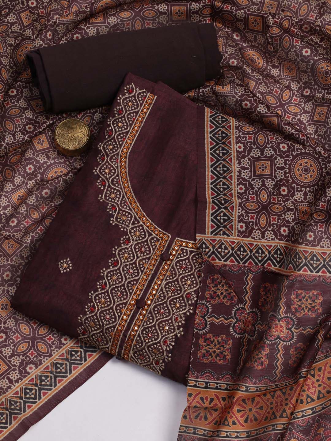 

Meena Bazaar Embroidered Art Silk Unstitched Dress Material, Brown
