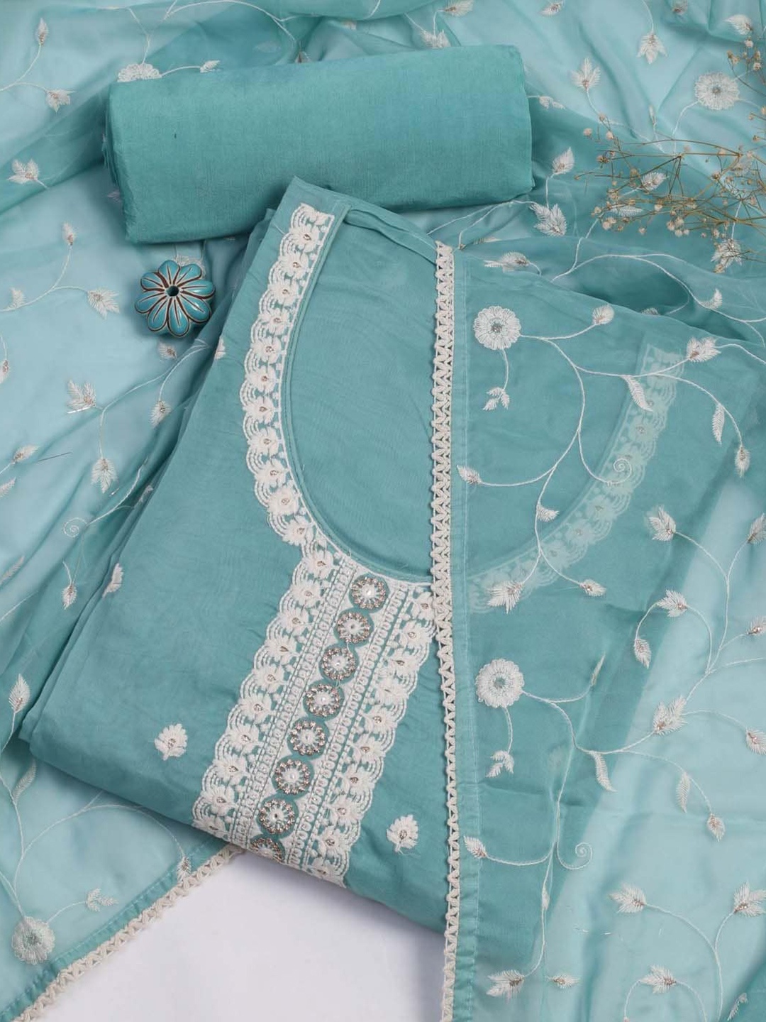 

Meena Bazaar Embroidered Organza Unstitched Dress Material, Sea green