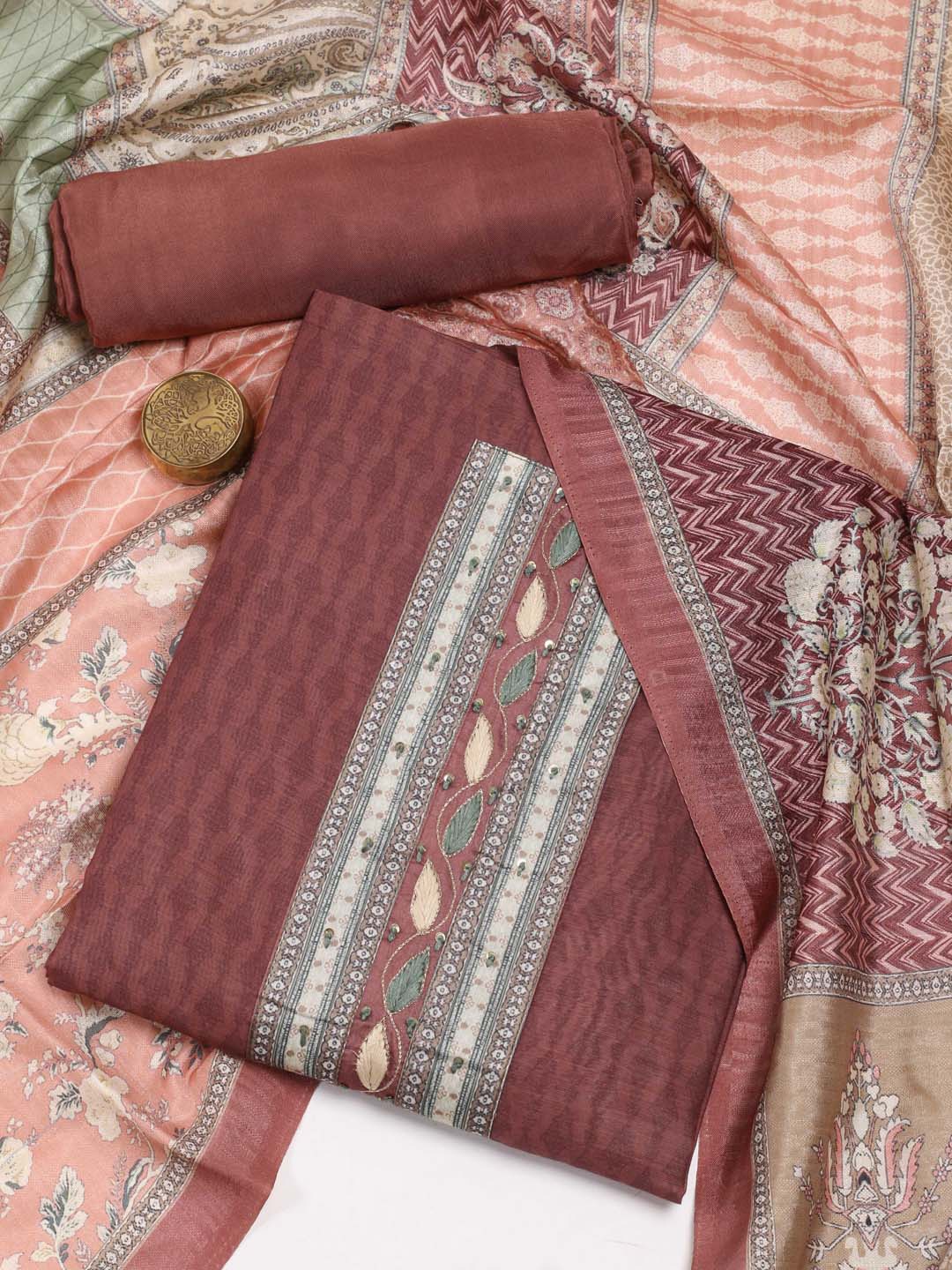 

Meena Bazaar Ethnic Motif Printed Unstitched Dress Material, Brown