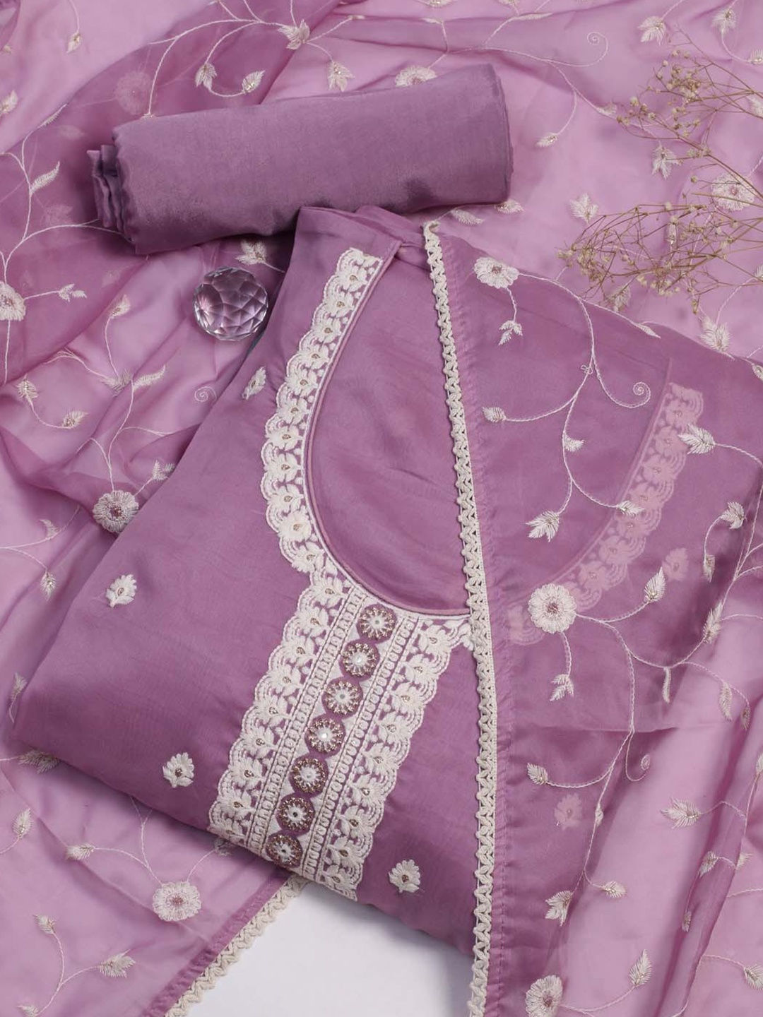 

Meena Bazaar Floral Embroidered Organza Unstitched Dress Material, Lavender