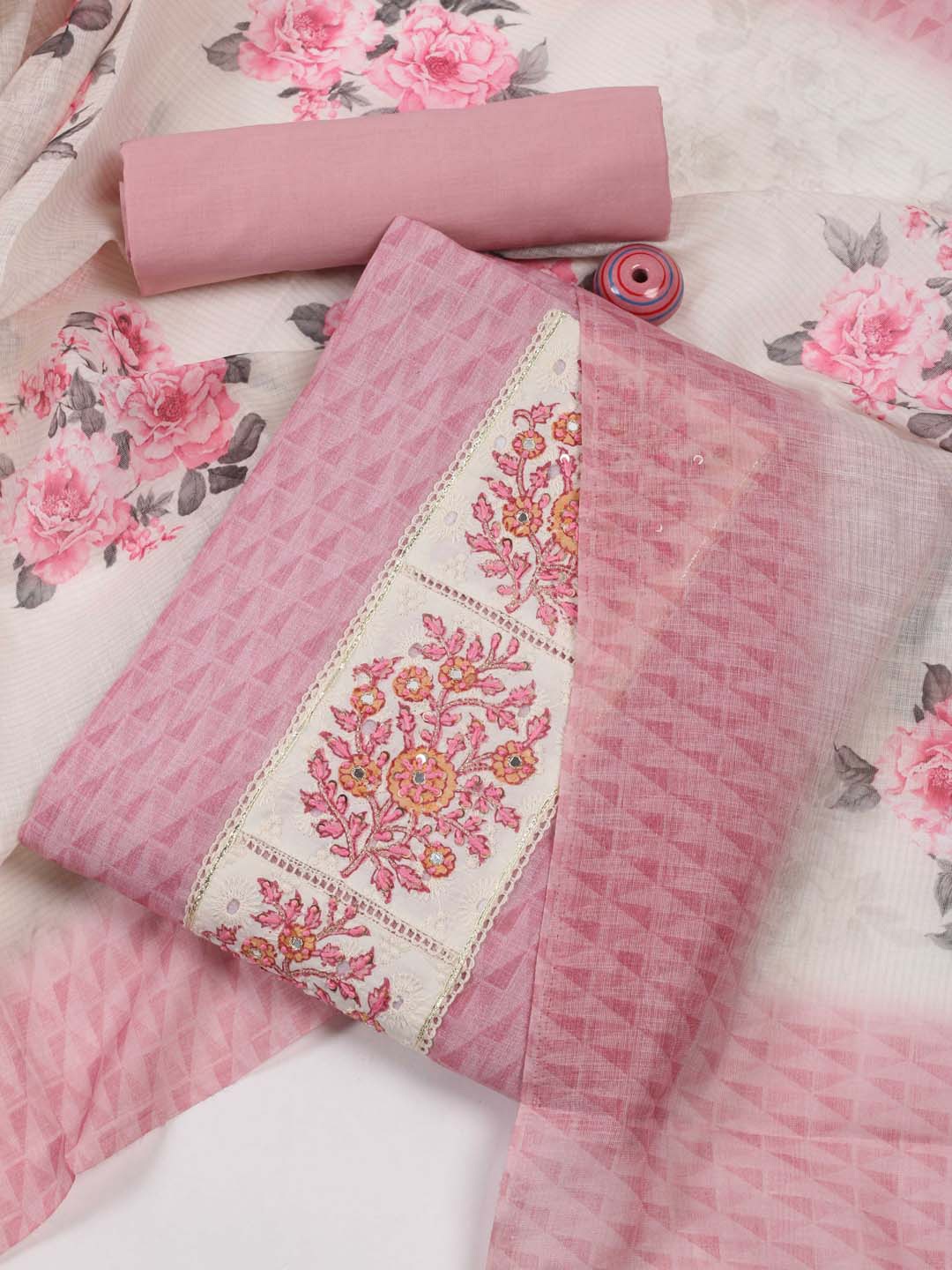

Meena Bazaar Printed Unstitched Dress Material, Pink