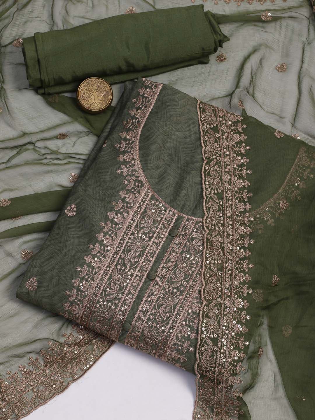 

Meena Bazaar Embroidered Art Silk Unstitched Dress Material, Green