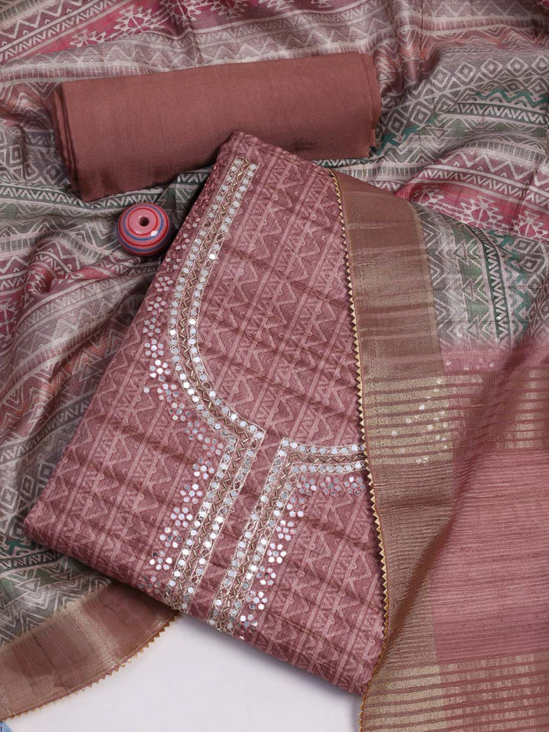 

Meena Bazaar Ethnic Motifs Printed Unstitched Dress Material, Pink