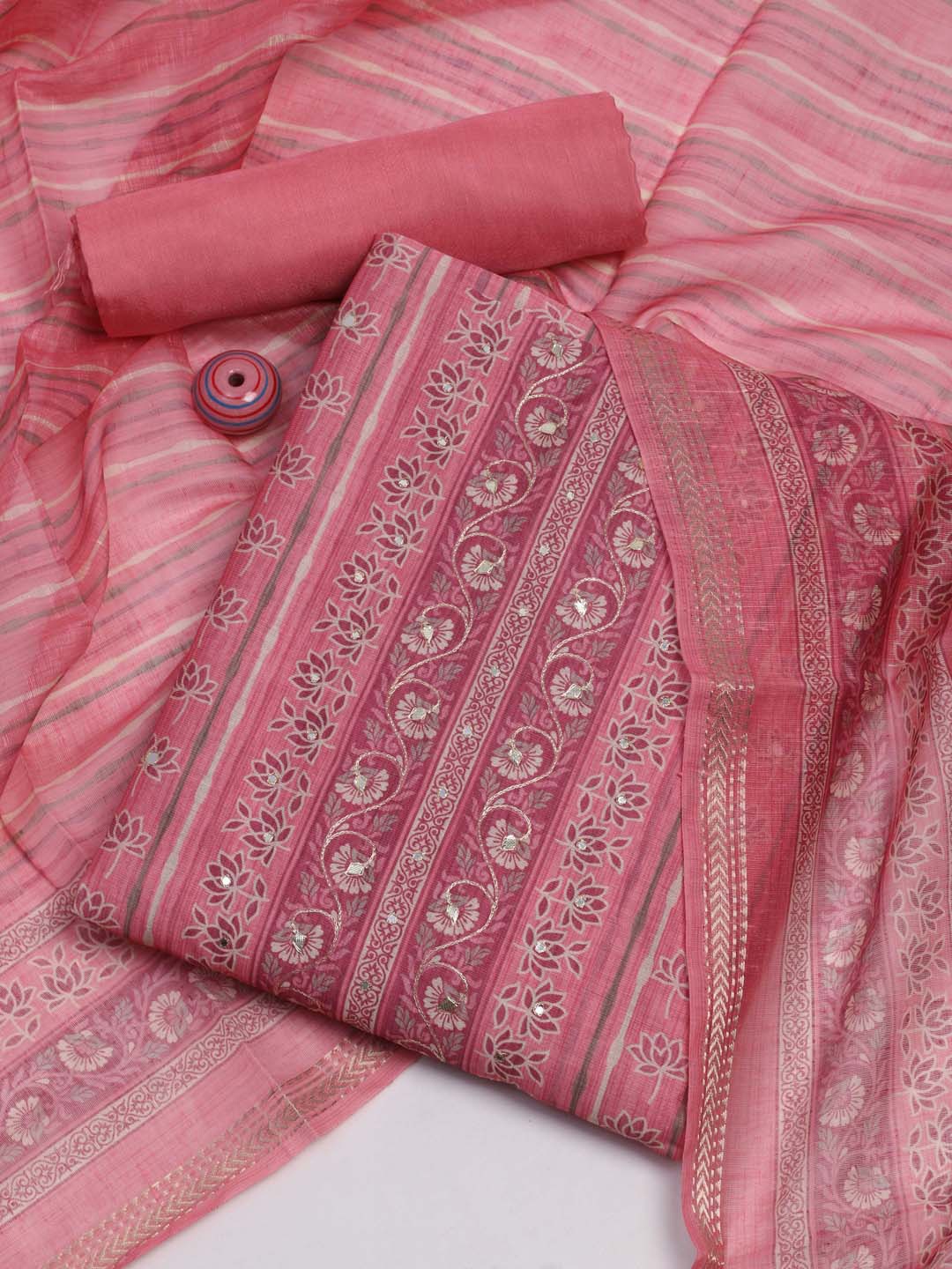 

Meena Bazaar Ethnic Motifs Printed Unstitched Dress Material, Pink