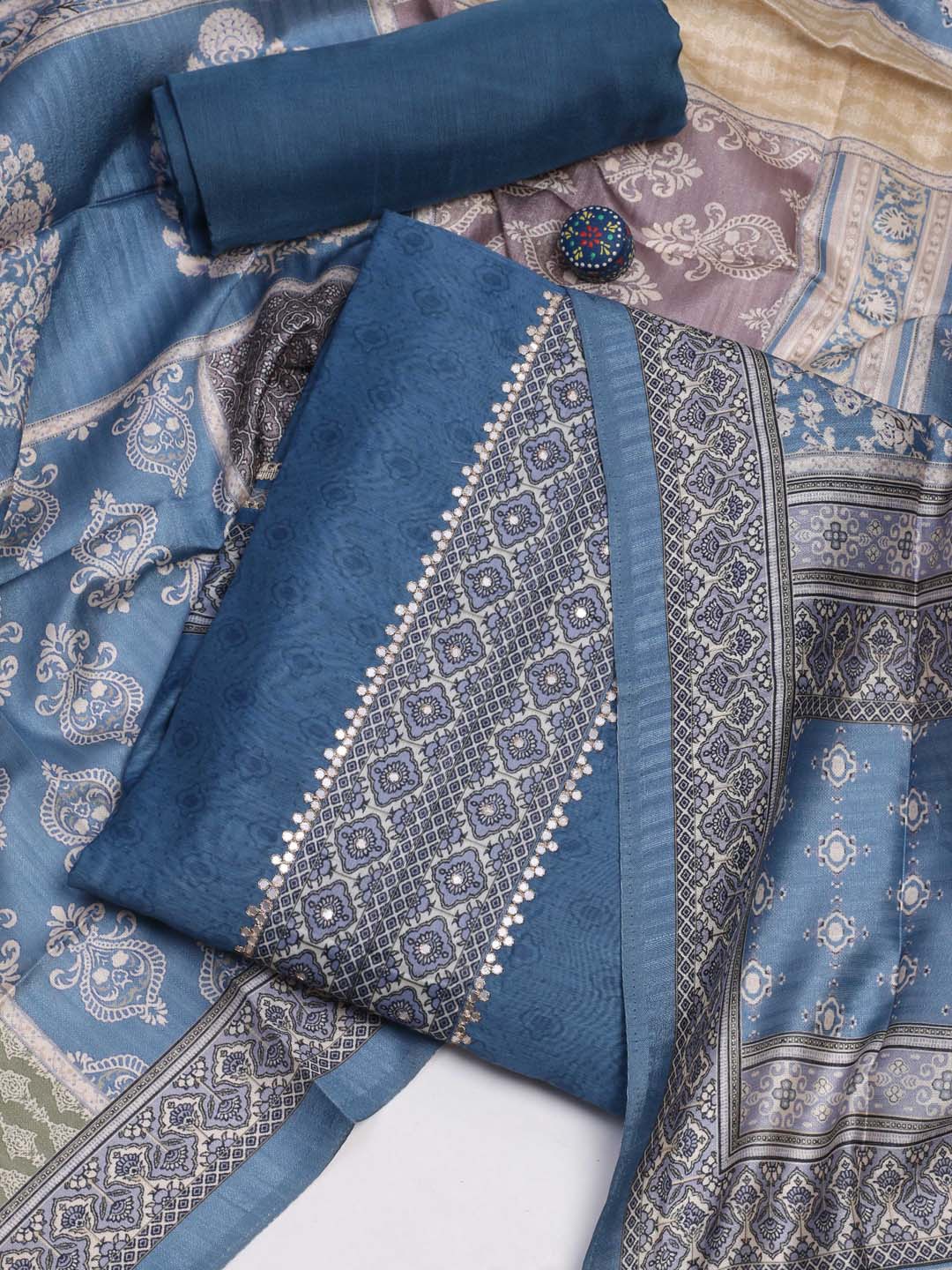 

Meena Bazaar Printed Art Silk Unstitched Dress Material, Blue
