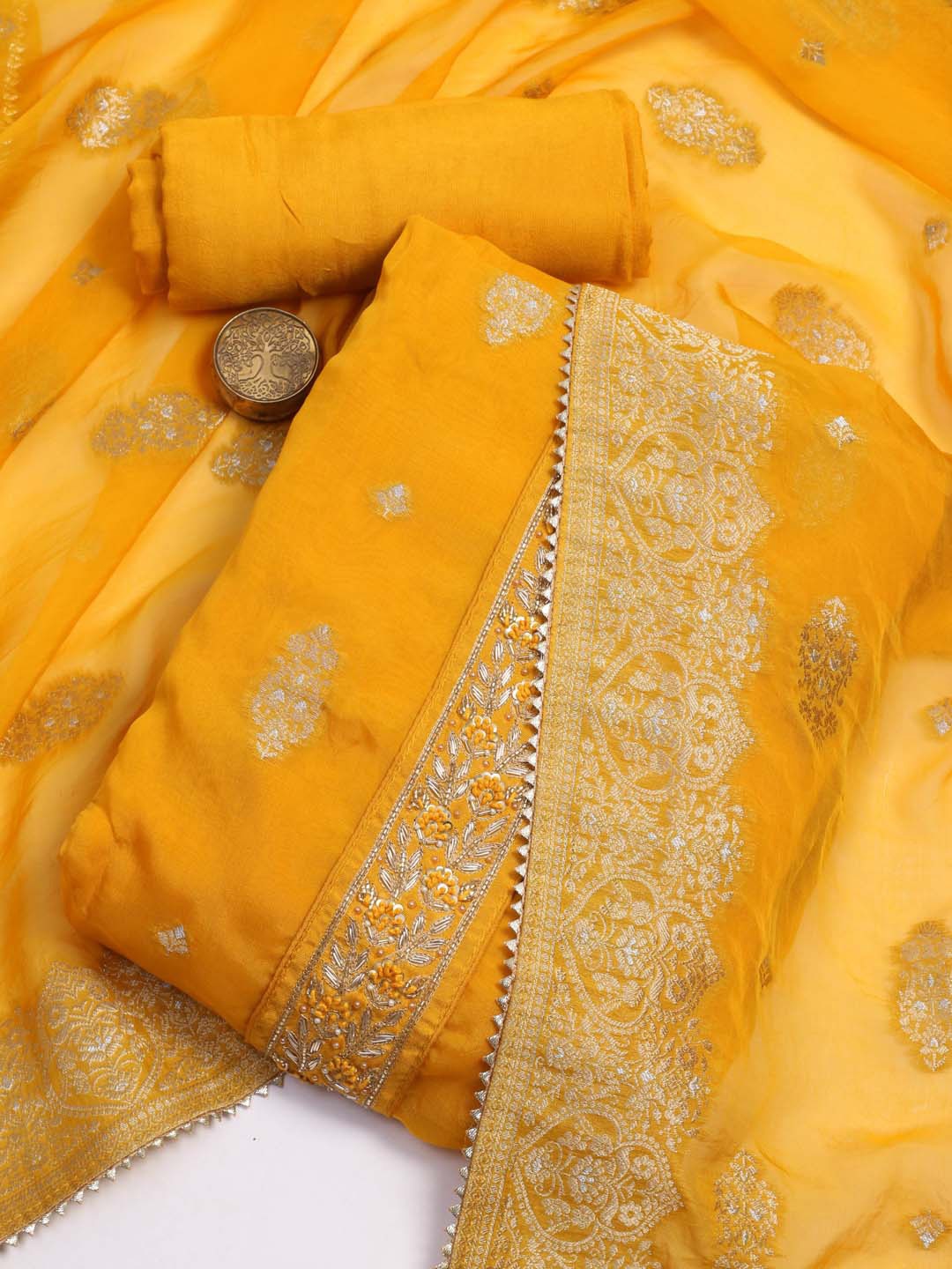 

Meena Bazaar Organza Unstitched Dress Material, Mustard